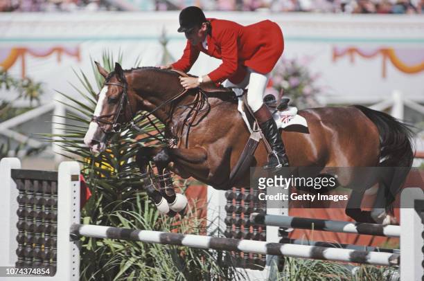 Michael Whitaker of Great Britain riding Overton Amanda during the Team jumping event on 7 August 1984 during the XXIII Olympic Summer Games at Santa...
