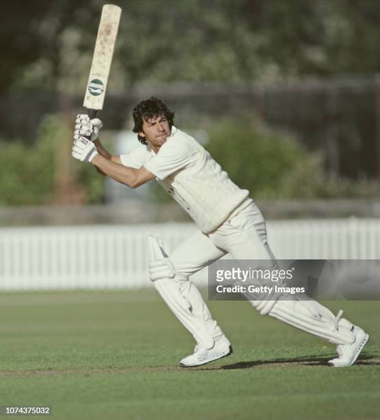 Sussex batsman Imran Khan picks up some runs using a Slazenger bat during a match against Worcestershire at New Road in May 1981 in Worcester,...