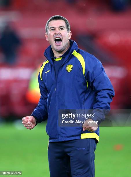 Nigel Clough, Manager of Burton Albion celebrates following his sides victory in the Carabao Cup Quarter Final match between Middlesbrough and Burton...