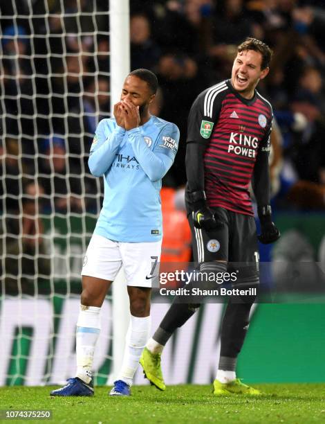 Raheem Sterling of Manchester City reacts after missing his team's second penalty during the Carabao Cup Quarter Final match between Leicester City...