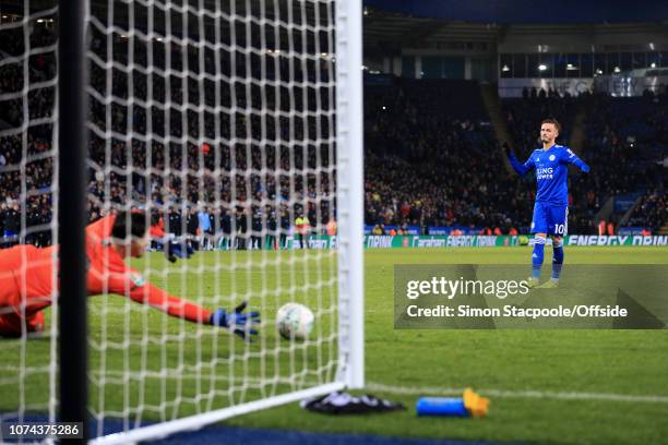 James Maddison of Leicester watches as his penalty is saved by Man City goalkeeper Arijanet Muric in the shootout during the Carabao Cup Quarter...