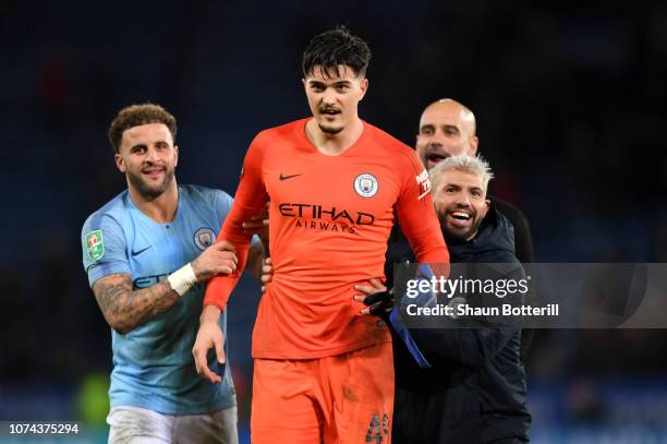 Arijanet Muric of Manchester City celebrates following his sides victory in the penalty shoot out during the Carabao Cup Quarter Final match between...