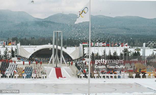 Generic view of the Opening Ceremony for the XIII Olympic Winter Games on 14 February 1980 at the Lake Placid Equestrian Stadium, Lake Placid, United...