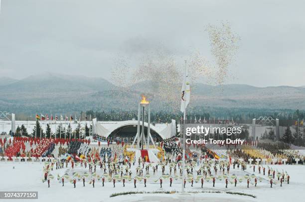 Generic view of the Opening Ceremony for the XIII Olympic Winter Games on 14 February 1980 at the Lake Placid Equestrian Stadium, Lake Placid, United...