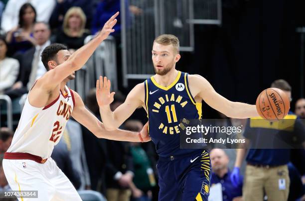 Domantas Sabonis of the Indiana Pacers dribbles the ball against the Cleveland Cavaliers at Bankers Life Fieldhouse on December 18, 2018 in...