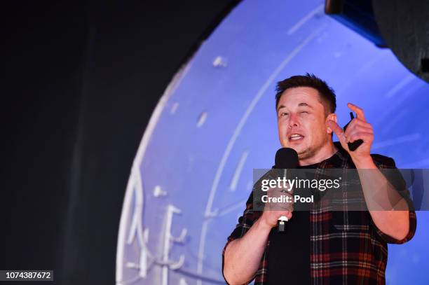 Elon Musk, co-founder and Chief Executive Officer of Tesla Inc., speaks at an unveiling event for The Boring Company Hawthorne test tunnel December...