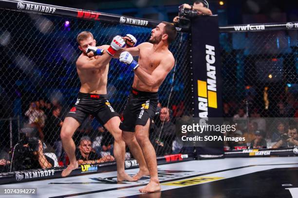 Ali Huseynov from Ukraine and Alexandru Ynsuratsel from Moldova seen fighting together during the WWFC 13 in Kiev. Ali Huseynov won the match.