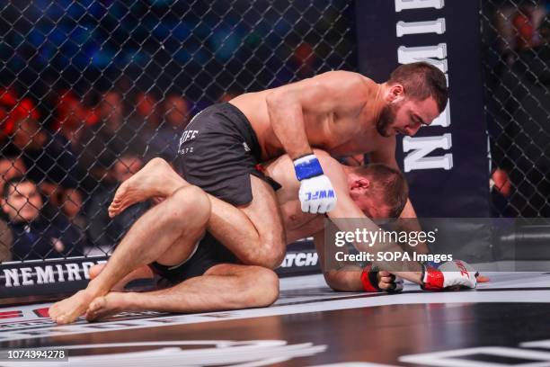 Ali Huseynov from Ukraine and Alexandru Ynsuratsel from Moldova seen fighting together during the WWFC 13 in Kiev. Ali Huseynov won the match.