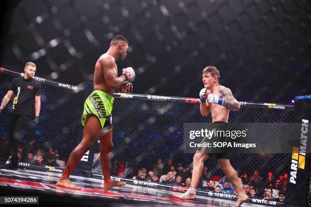 Charriere Morgan from France fight against Kovacevic Marko from Switzerland during the WWFC 13 in Kiev. Both of them achieved same points.