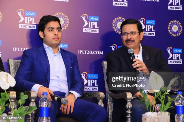 Mumbai Indians owner Akash Ambani and CEO Kolkata Knight Riders Venky Mysore speak at a press conference for the Indian Premier League 2019 auction...