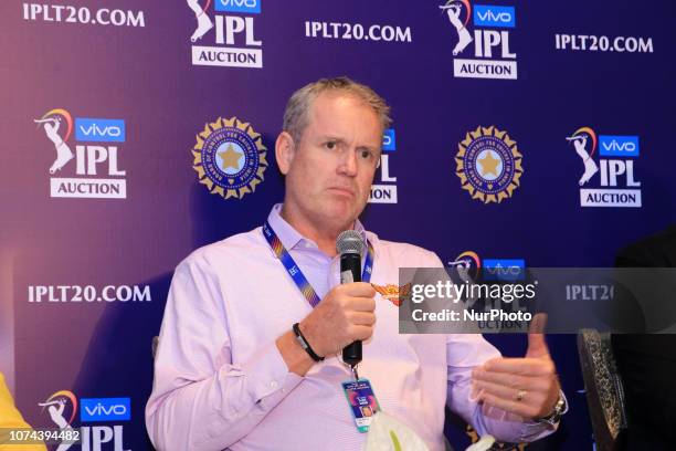 Sunrisers Hyderabad coach Tom Moody speak at a press conference for the Indian Premier League 2019 auction in Jaipur on December 18 as teams prepare...