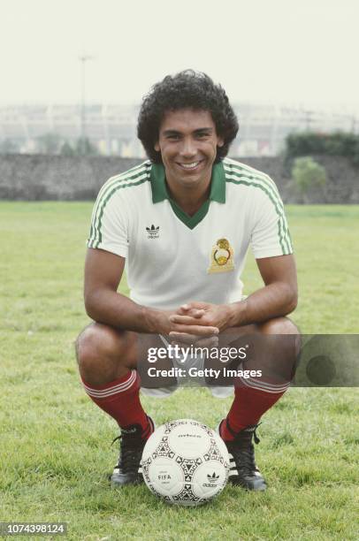 Mexico striker Hugo Sanchez pictured in the Adidas Mexico away kit in the lead up to the 1986 FIFA World Cup in Mexico.