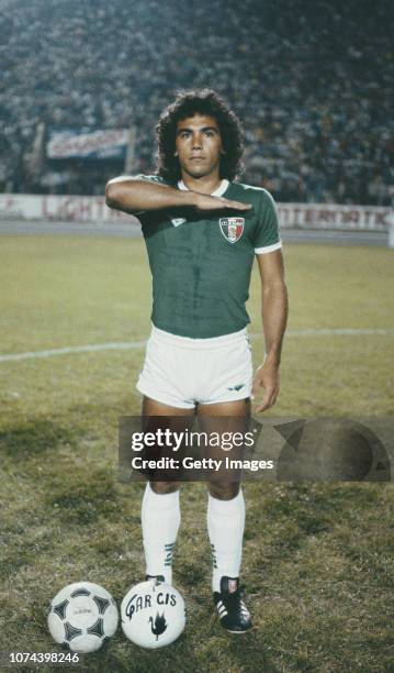 Mexico forward Hugo Sanchez pictured in the line up prior to an International match circa 1978.