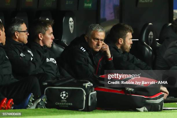 Dejected Jose Mourinho the head coach / manager of Manchester United looks on from the bench during the UEFA Champions League Group H match between...