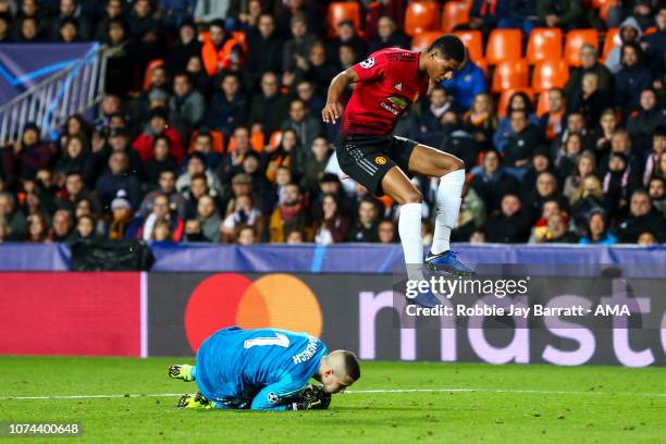 Marcus Rashford of Manchester United and Jaume Domenech of Valencia during the UEFA Champions League Group H match between Valencia and Manchester...