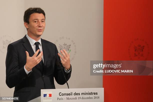 French Government's spokesperson Benjamin Griveaux gestures as he gives a press conference after attending a weekly cabinet meeting at the Elysee...