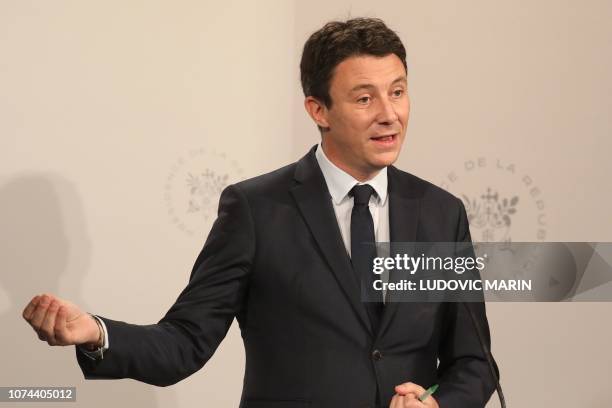 French Government's spokesperson Benjamin Griveaux gestures as he gives a press conference after attending a weekly cabinet meeting at the Elysee...