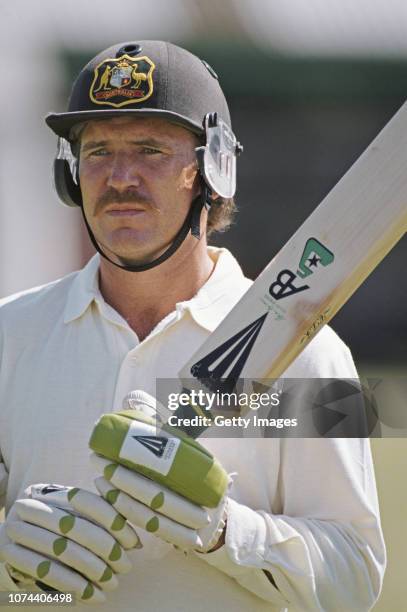 Australia captain Allan Border pictured with his AB Duncan Fearnley bat at nets prior to the 2nd Test Match against England at Lords in June 1989, in...