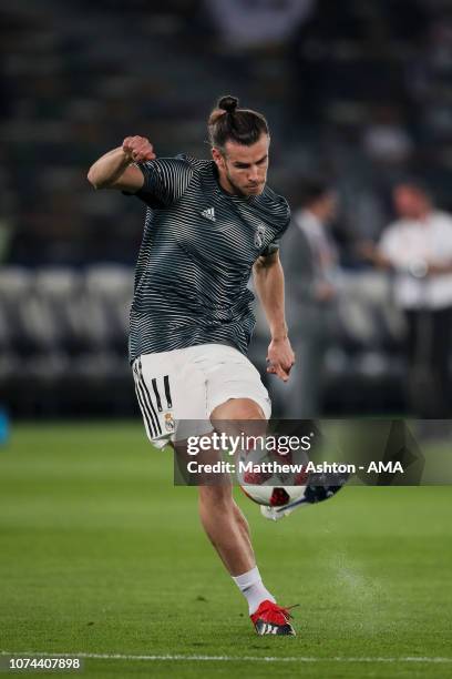 Gareth Bale of Real Madrid warms up prior to the FIFA Club World Cup UAE 2018 Semi Final match between Kashima Antlers and Real Madrid at Sheikh...