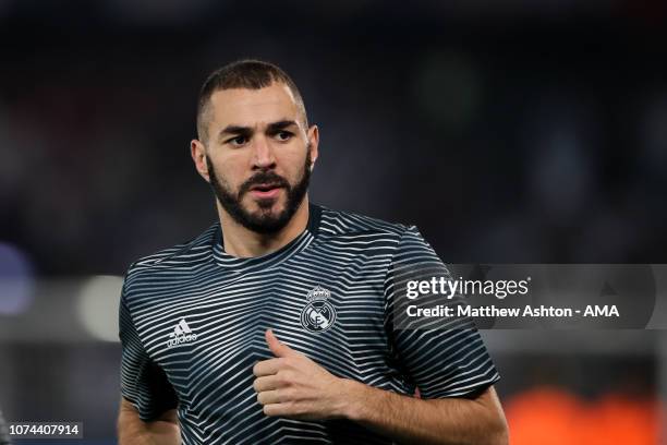 Karim Benzema of Real Madrid warms up prior to the FIFA Club World Cup UAE 2018 Semi Final match between Kashima Antlers and Real Madrid at Sheikh...