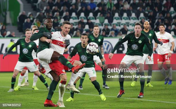 Josuha Guilavogui of Wolfsburg competes for the ball with Christian Gentner of Stuttgart during the Bundesliga match between VfL Wolfsburg and VfB...