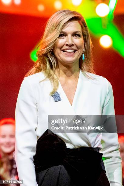 Queen Maxima of The Netherlands attends the Christmas gala of the biggest schoolband of the Netherlands in the Brabanthallen on December 19, 2018 in...