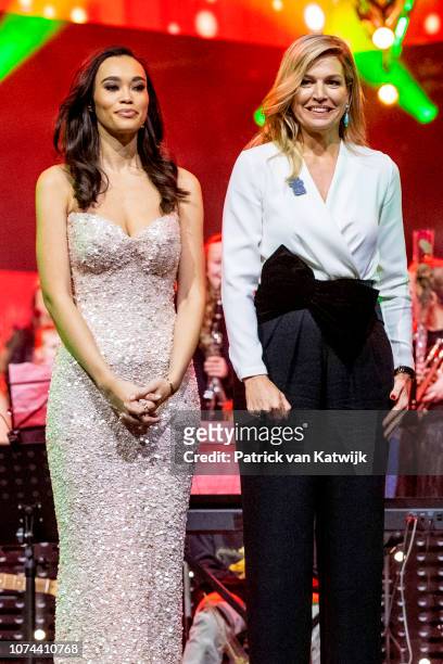 Queen Maxima of The Netherlands attends the Christmas gala of the biggest schoolband of the Netherlands in the Brabanthallen on December 19, 2018 in...