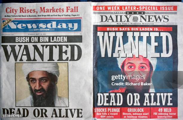 Week after the 9-11 terrorist attack on the Twin Towers and the Pentagon, front pages of Newsday and the New York Daily News with the faces of Osama...