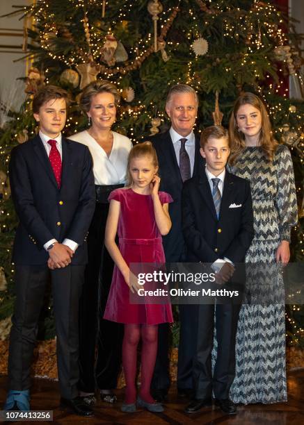 Prince Gabriel, Queen Mathilde, Princess Elonore, King Philip of Belgium, Prince Emmanuel and Princess Elisabeth attend the Christmas Concert on...