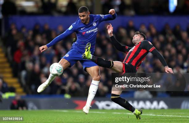 Ruben Loftus-Cheek of Chelsea is challenged by Diego Rico of AFC Bournemouth during the Carabao Cup Quarter Final match between Chelsea and AFC...