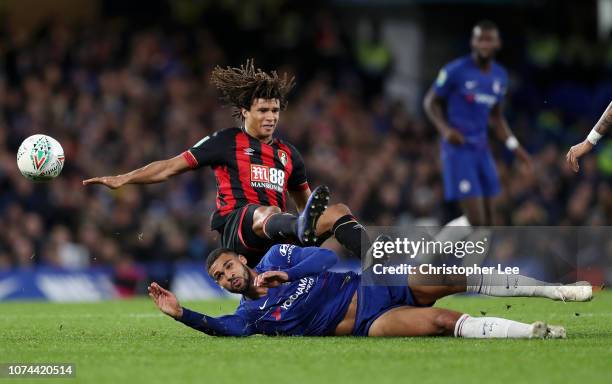 Nathan Ake of AFC Bournemouth battles for possession with Ruben Loftus-Cheek of Chelsea during the Carabao Cup Quarter Final match between Chelsea...