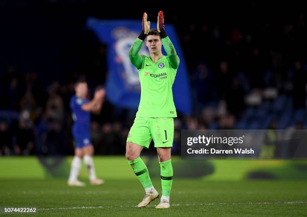 Kepa Arrizabalaga of Chelsea acknowledges the fans after the Carabao Cup Quarter Final match between Chelsea and AFC Bournemouth at Stamford Bridge...