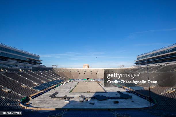 Workers build the ice rink at Notre Dame Stadium on December 19, 2018 in South Bend, Indiana.