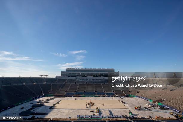 Workers build the ice rink at Notre Dame Stadium on December 19, 2018 in South Bend, Indiana.