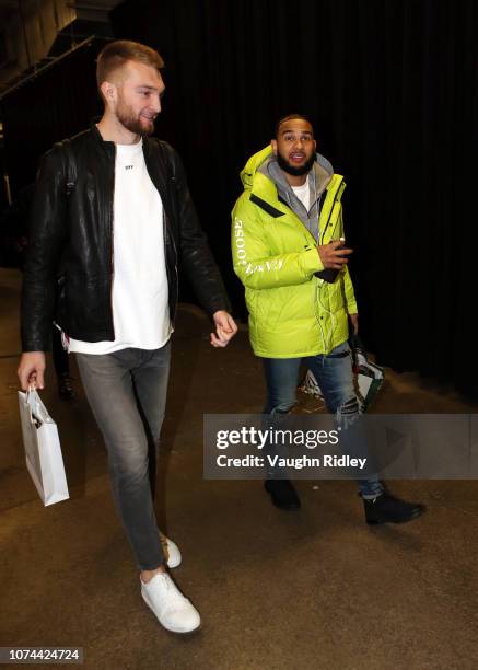 Domantas Sabonis and Cory Joseph of the Indiana Pacers arrive for an NBA game against the Toronto Raptors at Scotiabank Arena on December 19, 2018 in...