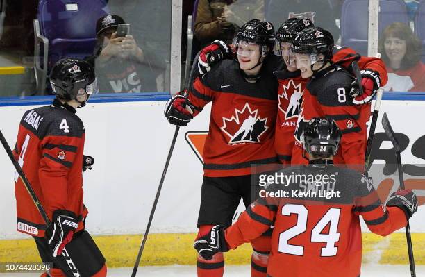 Owen Tippett of Team Canada celebrates his first period goal versus Team Switzerland at the IIHF World Junior Championships at the Save-on-Foods...