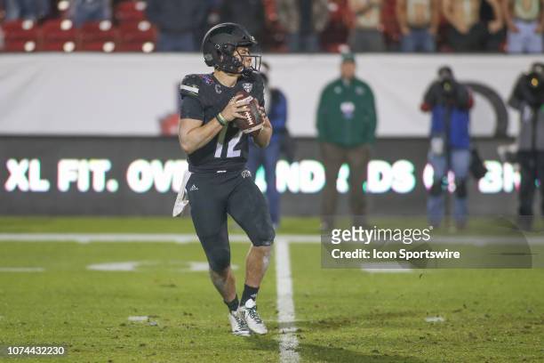 Ohio Bobcats quarterback Nathan Rourke drops back to pass during the DXL Frisco Bowl between San Diego State and Ohio on December 19, 2018 at Toyota...