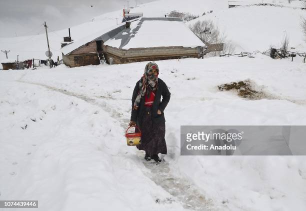 Woman carries a bucket on her way through a snow covered ground at Yongali village in Turkey's eastern Mus province on December 18, 2018. Snow depth...