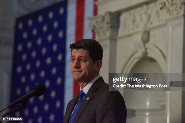 House Speaker Paul Ryan delivers his farewell address in the Great Hall of the Library of Congress on Wednesday, December 19 in Washington, DC. It is...