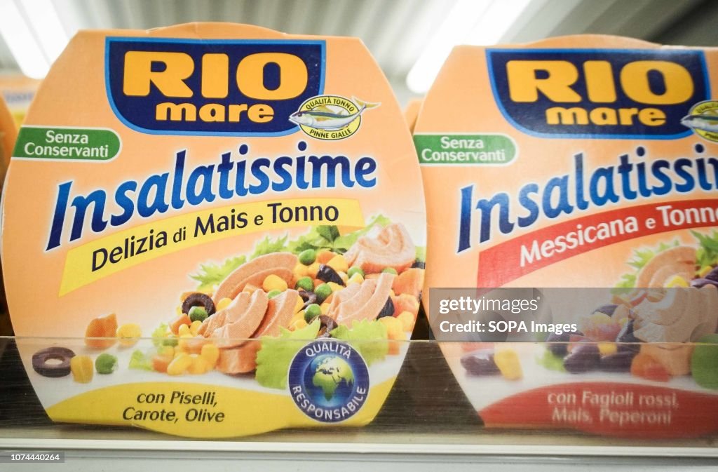 Rio Mare boxes are seen on the shelf of a supermarket deli in Athens ...