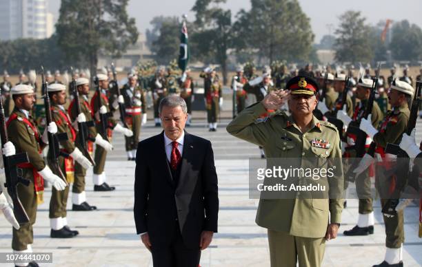 Turkish National Defense Minister Hulusi Akar is welcomed by Chief of Army Staff General Qamar Javed Bajwa with an official ceremony in Islamabad,...