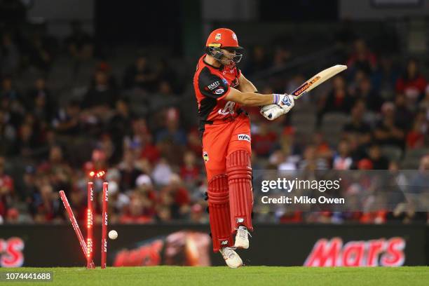 Jack Wildermuth of the Renegades is bowled out by Nathan Coulter-Nile of the Scorchers during the Big Bash League match between the Melbourne...