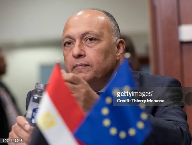 Egyptian Minister for foreign affairs Sameh Shoukry arrives for an EU Egypt Association council on December 20, 2018 in Brussels, Belgium.