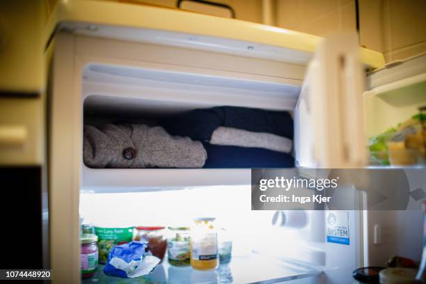 Berlin , Germany Wool pullovers lie in a freezer so that webbing clothes moths larvaes will be destroyed on October 28, 2018 in Berlin , Germany.