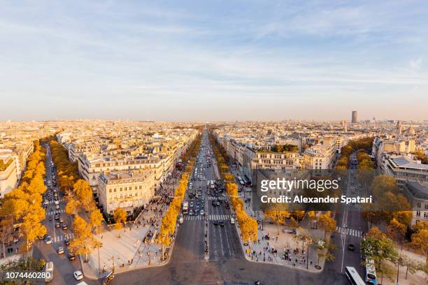 aerial panoramic view of champs-elysees avenue, paris, france - arc de triomphe overview stock pictures, royalty-free photos & images