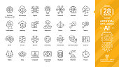 Vector artificial intelligence editable stroke thin outline icon set with machine learning, smart robotic and cloud computing network digital AI technology: internet, solving, algorithm, choice sign.