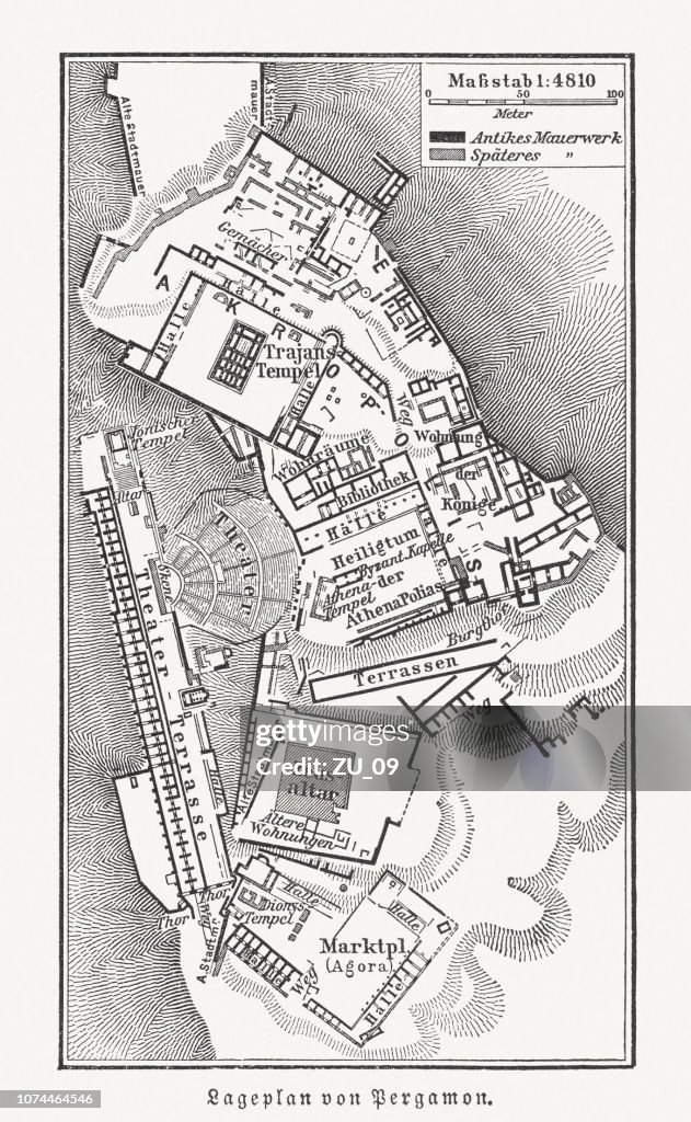 Historical map of Pergamon (Asia Minor), wood engraving, published 1897