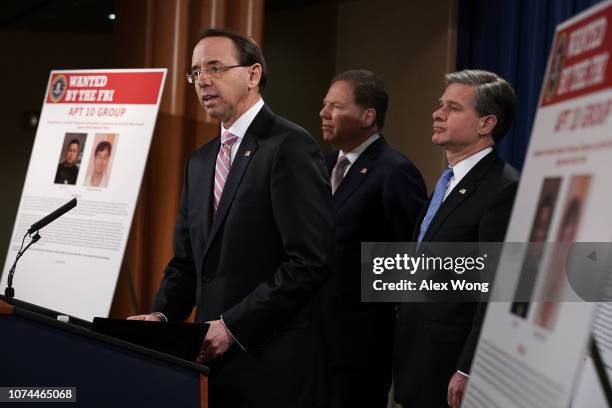 Deputy Attorney General Rod Rosenstein speaks as U.S. Attorney for the Southern District of New York Geoffrey Berman, and FBI Director Christopher...