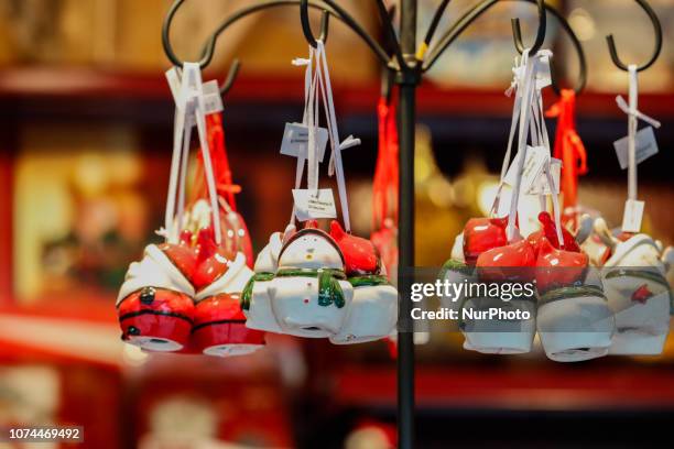 Small puppets of Santa Claus and Snowmen. Christmas Market in the Northern Bavarian town of Bayreuth