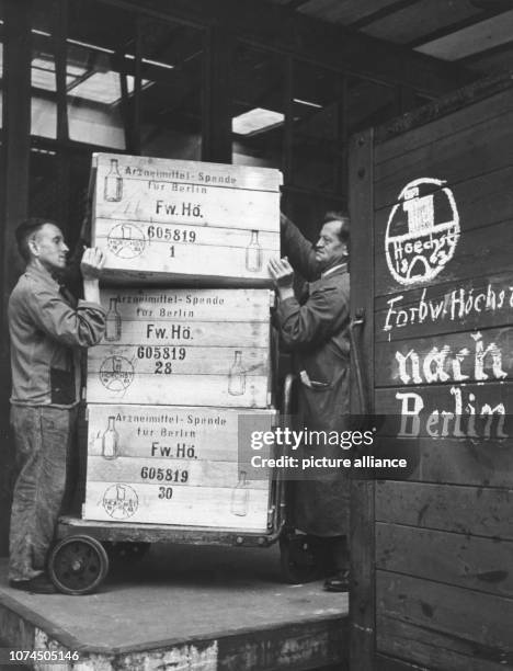About 1,511kg of medication are loaded, on 5 August 1948, in the Frakfurt-Höchst Farbwerke, to be brought to Berlin via airlift. 50 years ago, on 24...